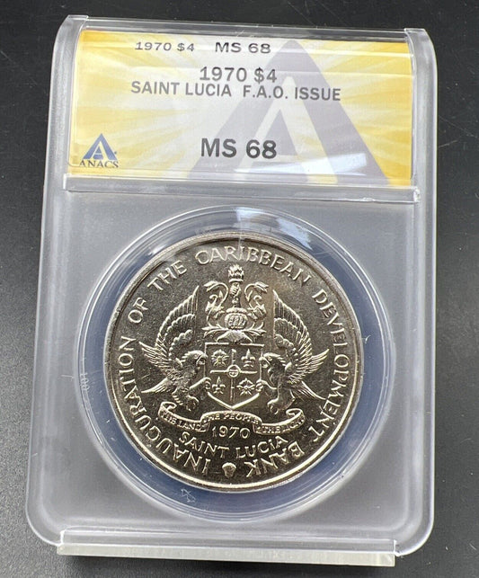1970 F.A.O Saint Lucia Banana 4 Dollars Coin ANACS MS68 Gem BU Certified Top Pop