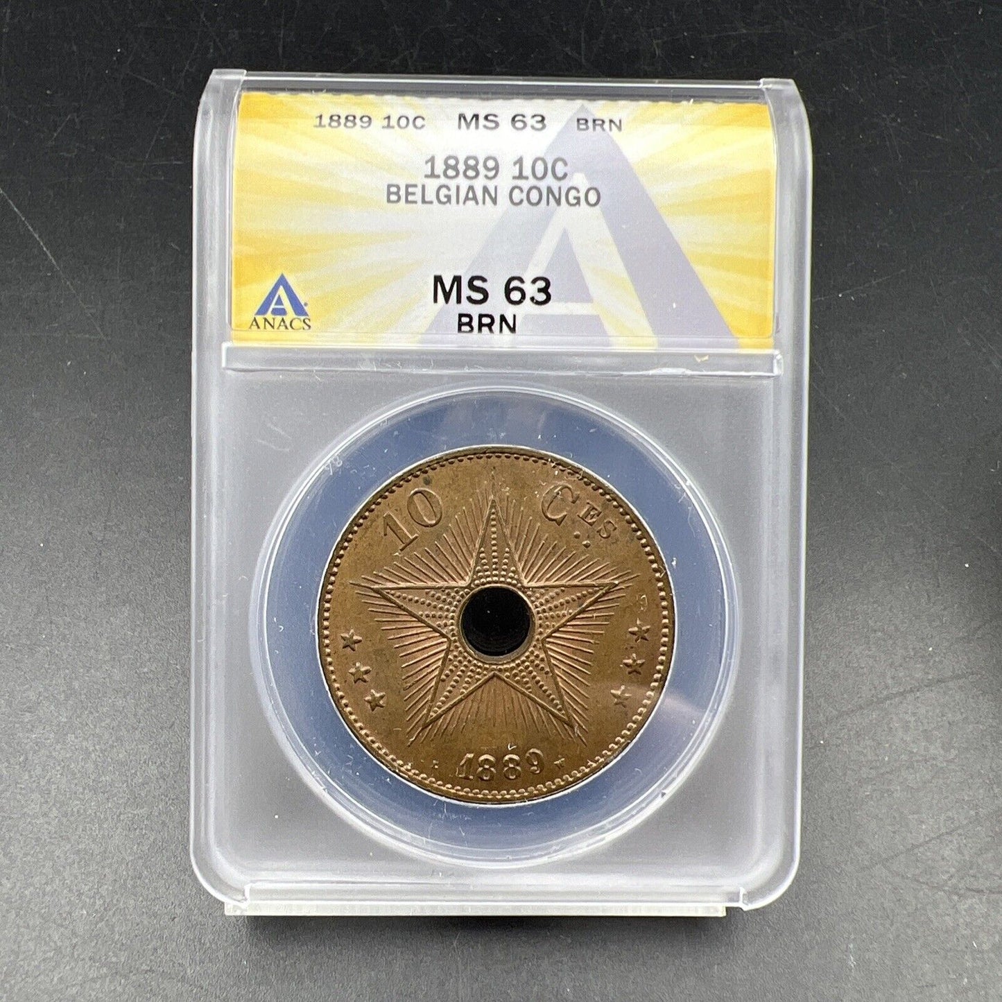 1889 10c Belgian Congo Ten 10 Centimes Bronze Star Coin MS63 BN ANACS CH BU