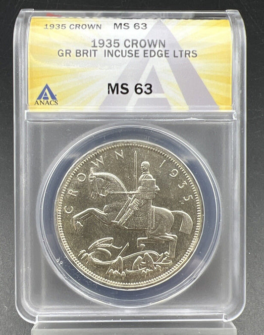 1935 Great Britain Silver Crown Coin MS63 ANACS CH BU Incuse Edge Lettering