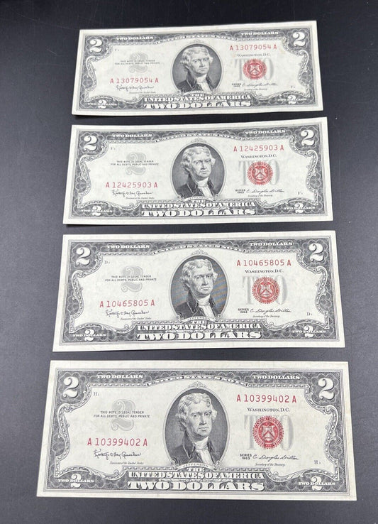 Lot of 4 1963 $2 Two Dollar United States Red Seal Legal Tender CH VF +