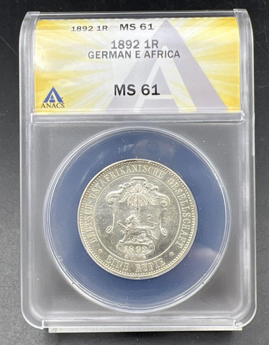 1892 German East African Wihelm II 1 Rupie Silver Coin BU MS61 ANACS Certified