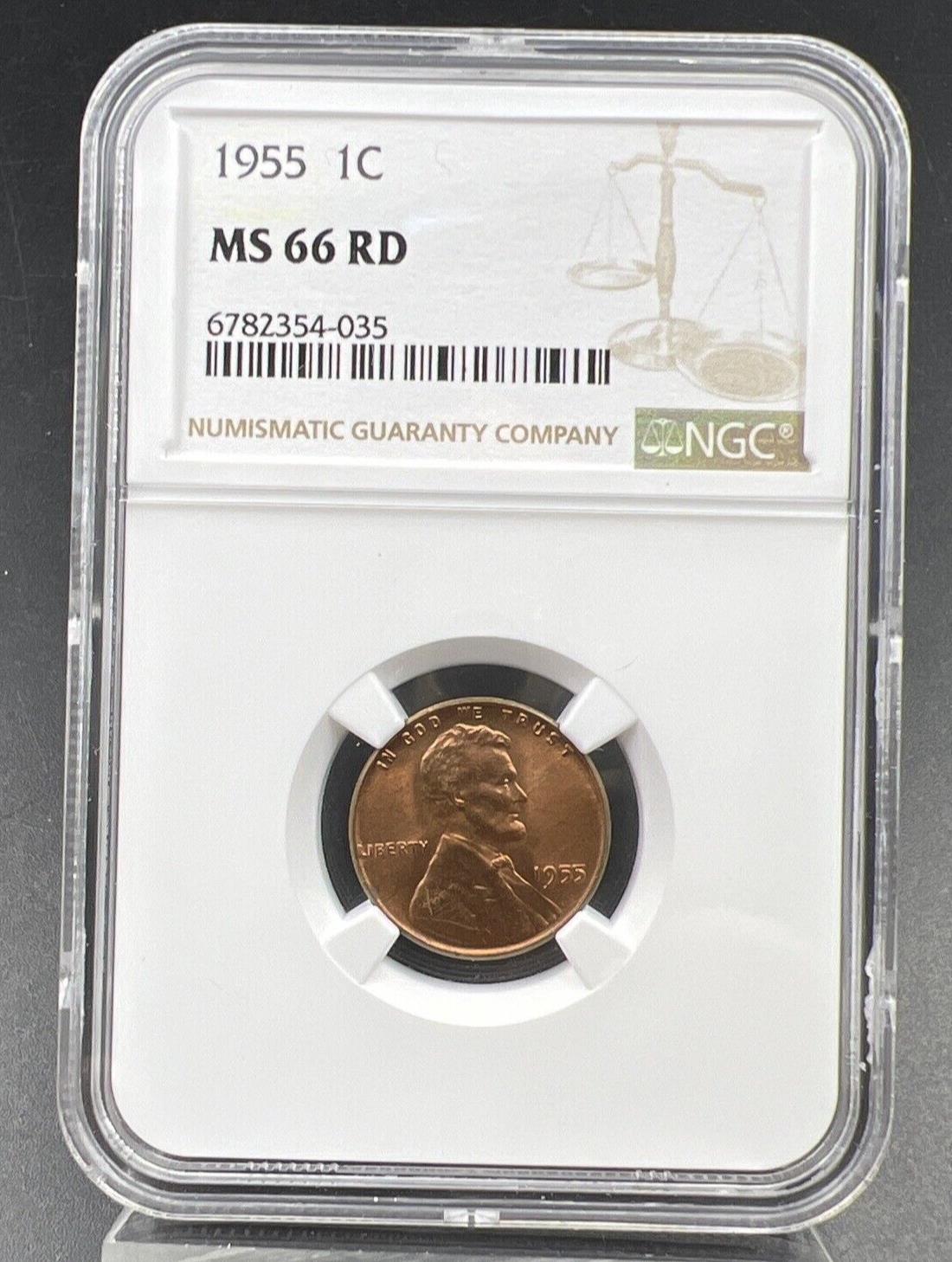 1955 P Lincoln Wheat Cent Penny Coin NGC MS66 RD Gem BU Certified Some Toning