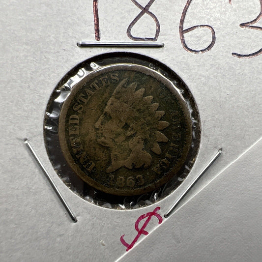 1863 P 1c Copper Nickel Indian Small Cent Penny Coin Average Good Circ