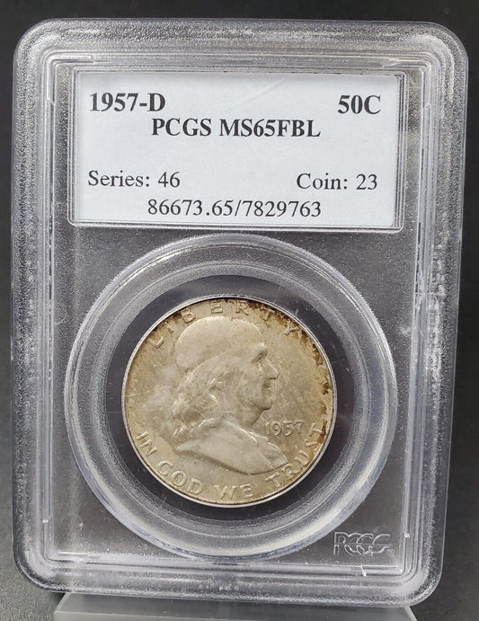 1957 D Franklin Silver Half Dollar Coin PCGS MS65 FBL Neat Toning Toner