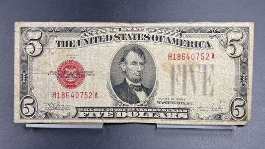 1928 E $5 Five Dollar United States Red Seal Choice VG Very Good Circ #752