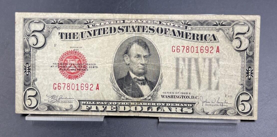1928 E $5 Five Dollar United States Red Seal Choice VG Very Good /Fine Circ #692