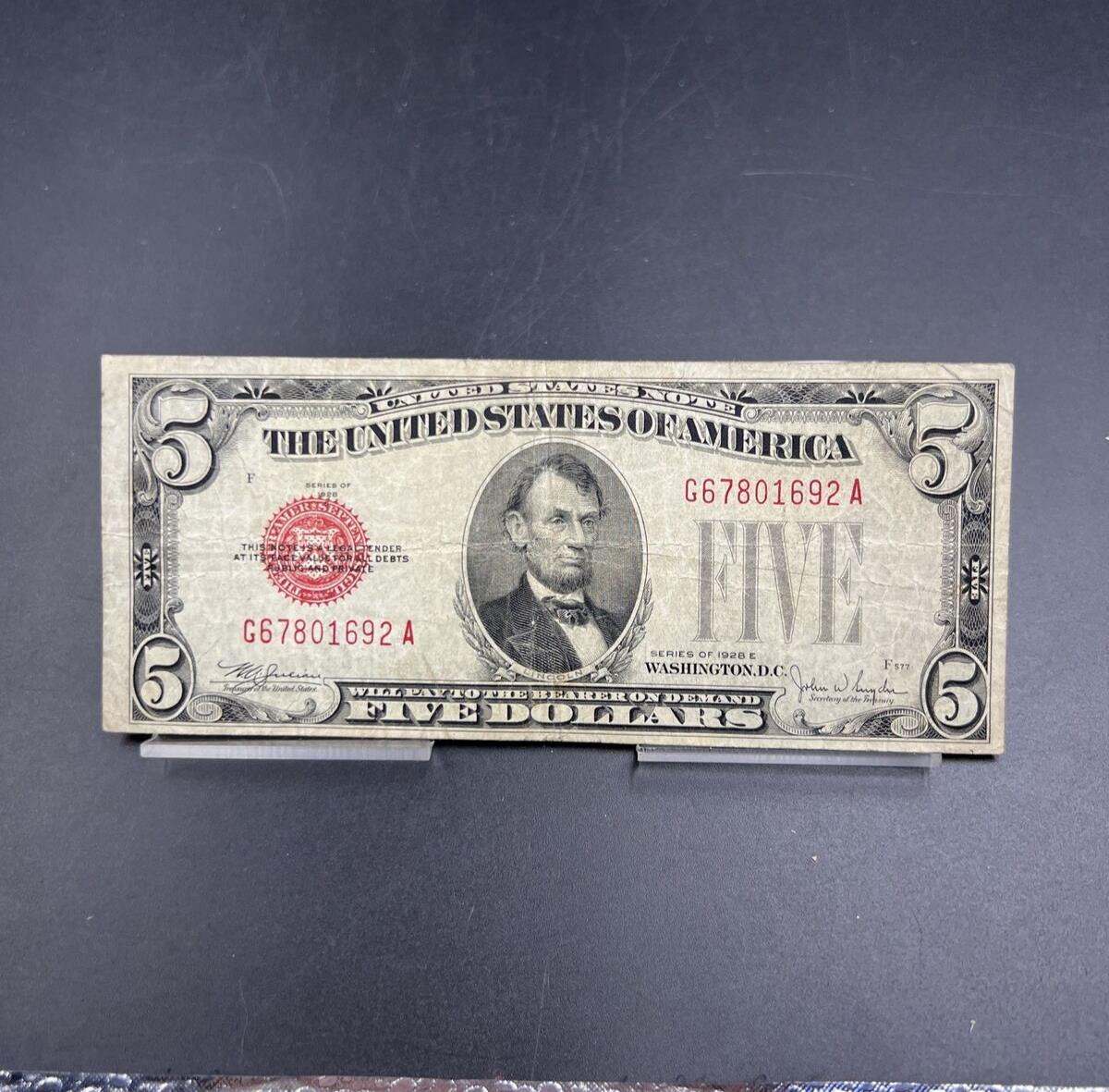1928 E $5 Five Dollar United States Red Seal Choice VG Very Good /Fine Circ #692