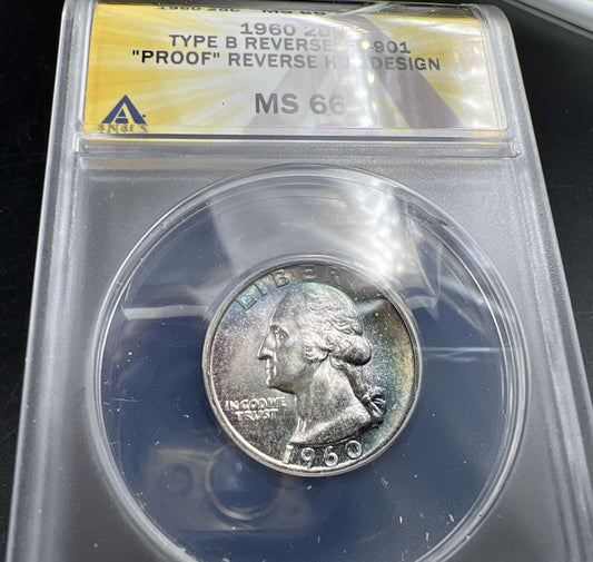 1960 P Washington Quarter 25c ANACS MS66 Type B Proof die Reverse FS-901 Variety