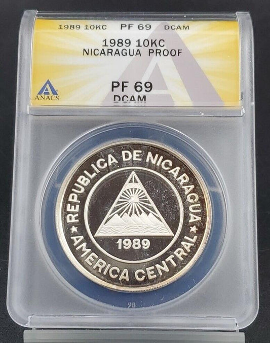 1989 Nicaragua 10000 Cordoba Silver Rare Coin ANACS PF69 DCAM