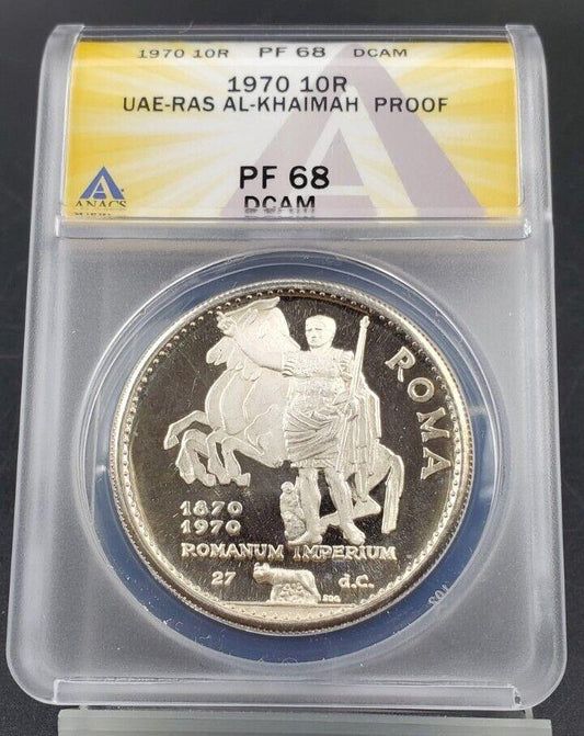 1970 UAE Ras Al Khaimah Rome 10 Riyals Gem Proof Coin ANACS PF68 DCAM Deep Cameo