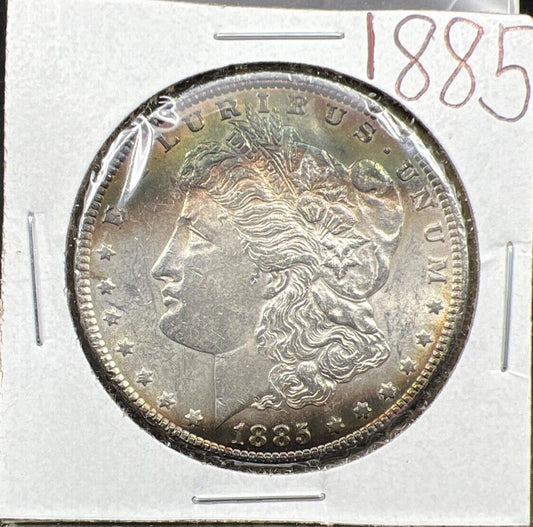1885 P Morgan Silver Dollar Coin Choice AU About UNC PQ Toning Toner OBV