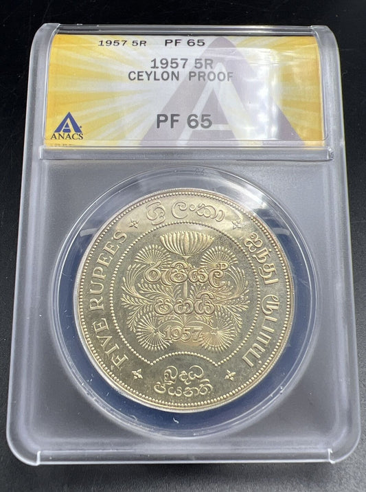 1957 5R Ceylon Silver 5 Rupees ANACS PF65 Gem Proof 2500 Years of Buddhism