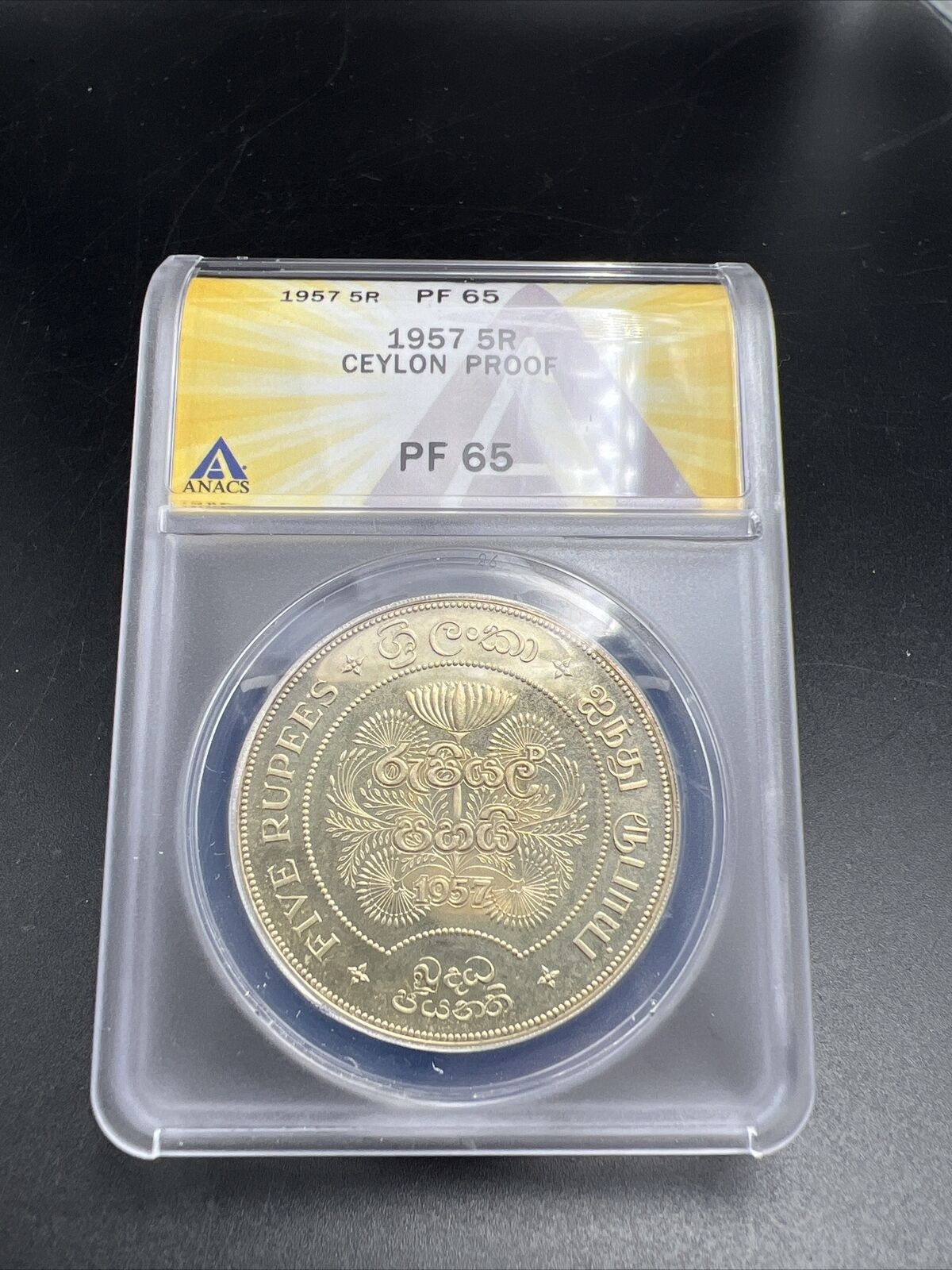 1957 5R Ceylon Silver 5 Rupees ANACS PF65 Gem Proof 2500 Years of Buddhism