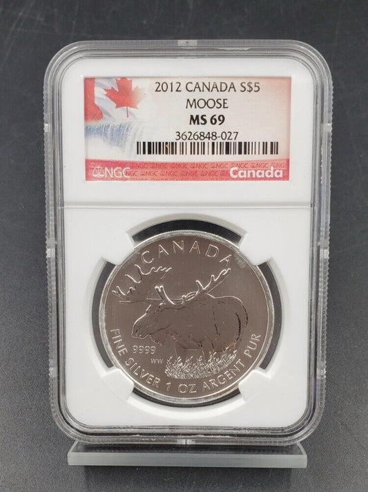 2012 Canadian $5 Moose Wildlife Series 1oz Silver NGC MS69 Canada Maple Flag