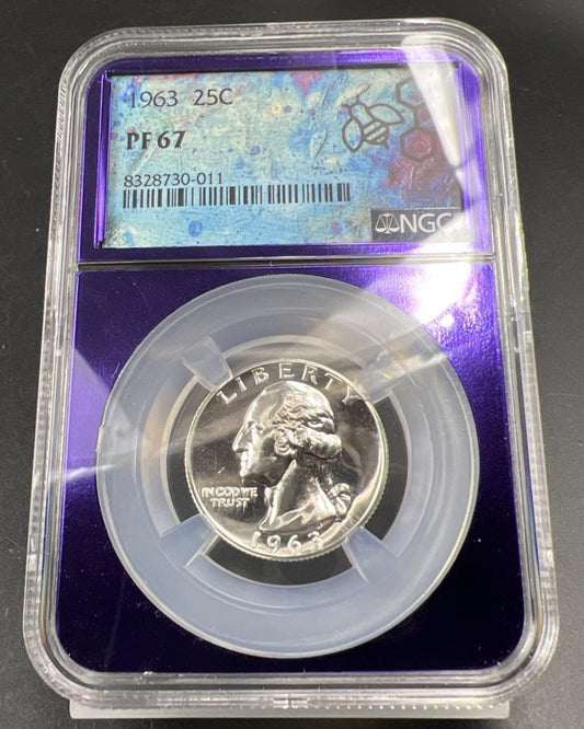1963 P 25c Washington Silver Quarter Coin NGC PF67 Bee Label Holder
