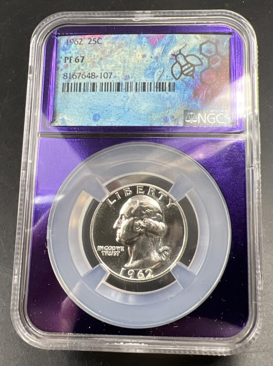 1962 P 25c Washington Silver Quarter Coin NGC PF67 Bee Label Holder