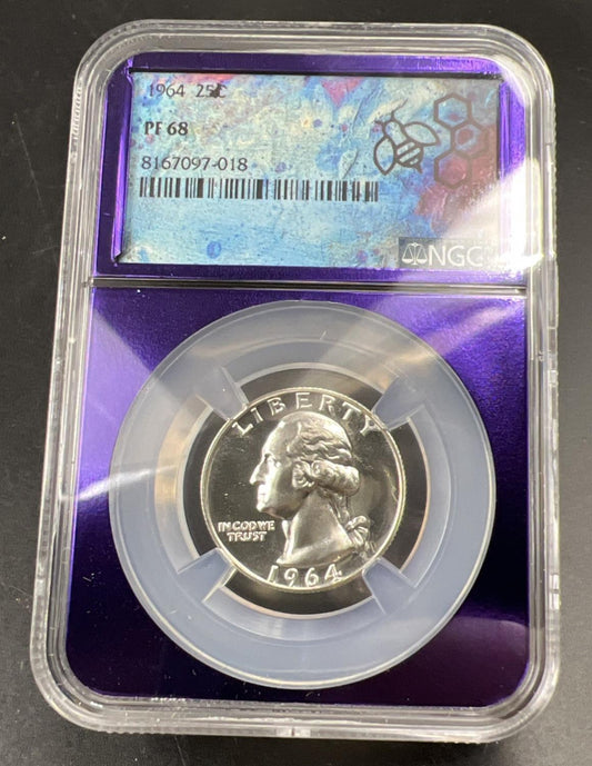 1964 P 25c Washington Silver Quarter Coin NGC PF68 Bee Label Holder