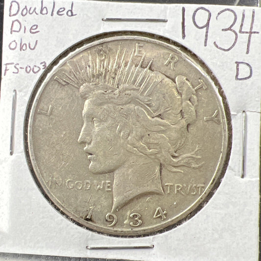 1934 D $1 Peace Silver Dollar Coin VAM 3 FS-003 Double Die OBV Medium D VF Circ
