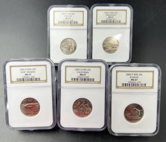 2005 D Complete 5 Coin SMS Quarter Set NGC Graded MS67