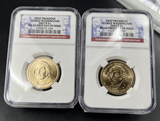 Two Coin Set 2007 P & D $1 George Washington Presidential Dollar NGC MS65
