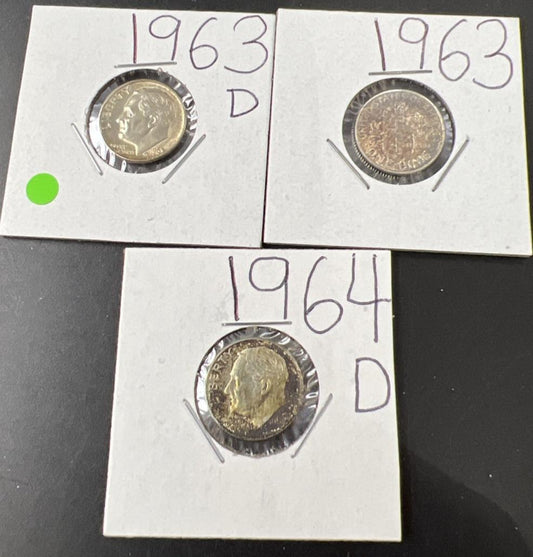 Toner Trio 3 PQ Rainbow toned 1964 1963 Roosevelt Silver Dime Coins AU-BU #3325A