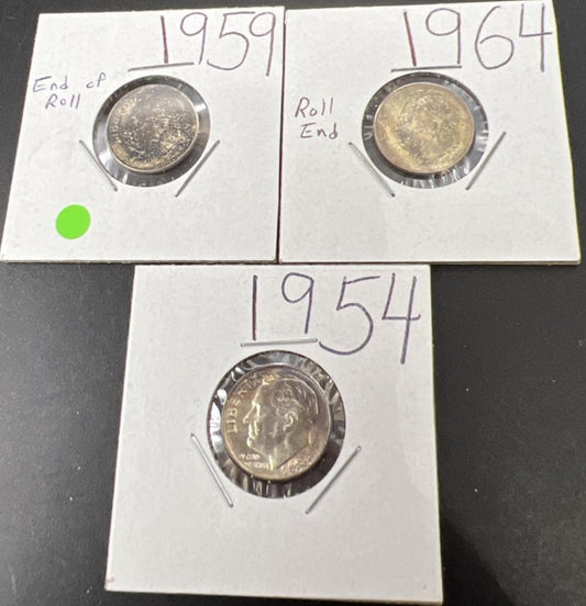 Toner Trio 3 PQ Rainbow toned 1954 1959 1964 Roosevelt Silver Dime Coins BU #33B