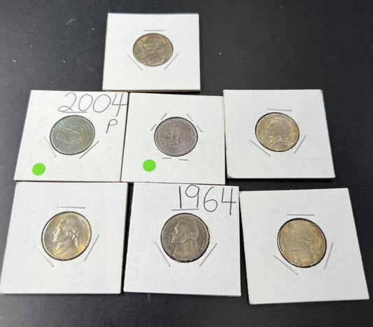 Lot of 7 5c Jefferson Nickel Coins UNC Neat Toning YRS 2004 1964 1947 ++!