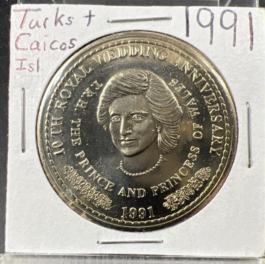 Turks Caicos 1 Crown 1991 Princess Diana Royal Anniversary Gem UNC Copper Nickel