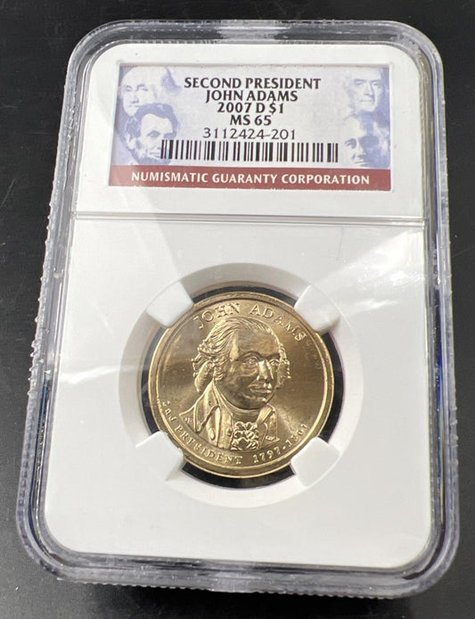 2007 D $1 John Adams Presidential Dollar NGC MS65 Gem BU Certified #201