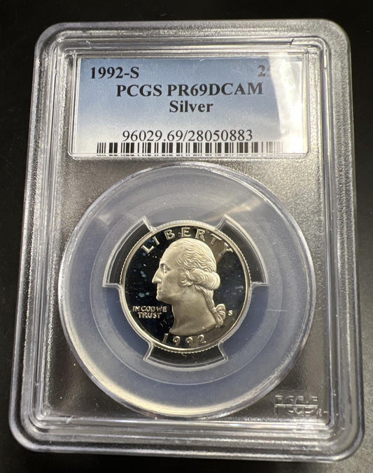 1992 s 25c Proof Washington Silver Quarter Coin PCGS PR69 DCAM #883