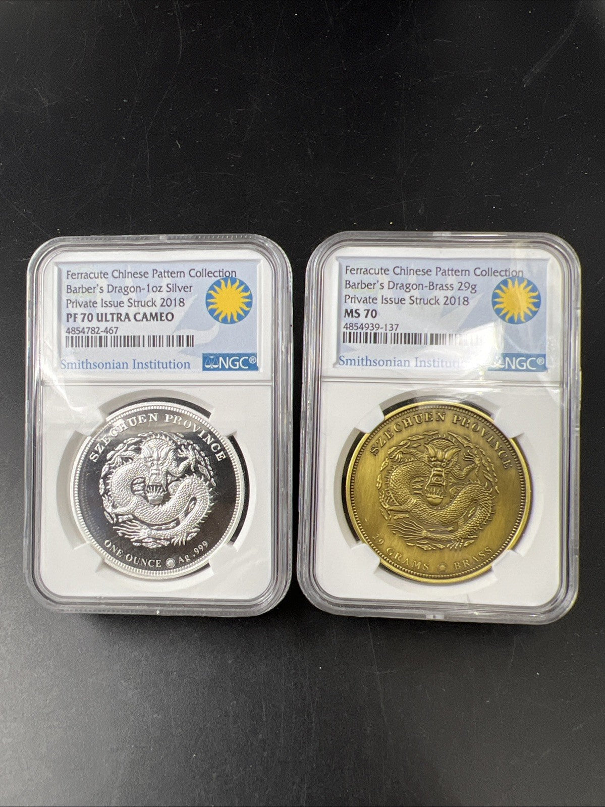 2 Coin Set 2018 Ferracute Chinese Dragon 1 oz Silver PF70 UCAM & Bronze MS70