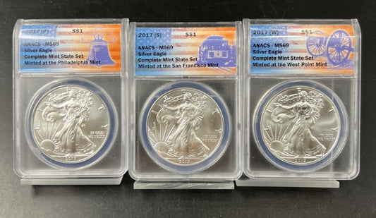 3 Coin 2017 W S P ASE Mint Mark Set 1 oz American Silver Eagle Coins ANACS MS69