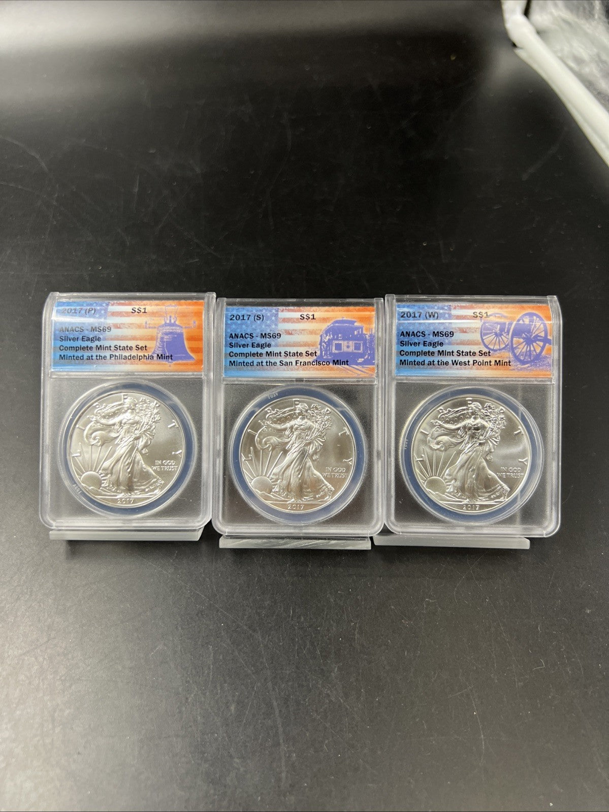 3 Coin 2017 W S P ASE Mint Mark Set 1 oz American Silver Eagle Coins ANACS MS69