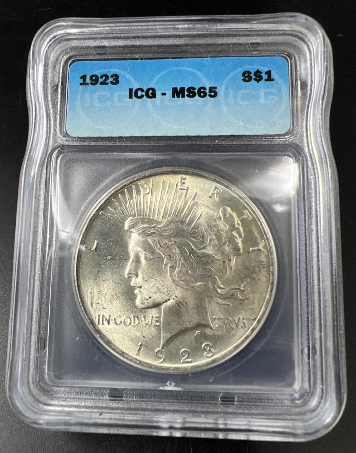 1923 P Peace Silver Eagle Dollar Coin ICG MS65 Gem BU ICG certified