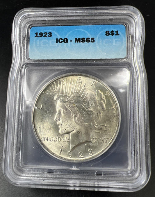 1923 P Peace Silver Eagle Dollar Coin ICG MS65 Gem BU ICG certified