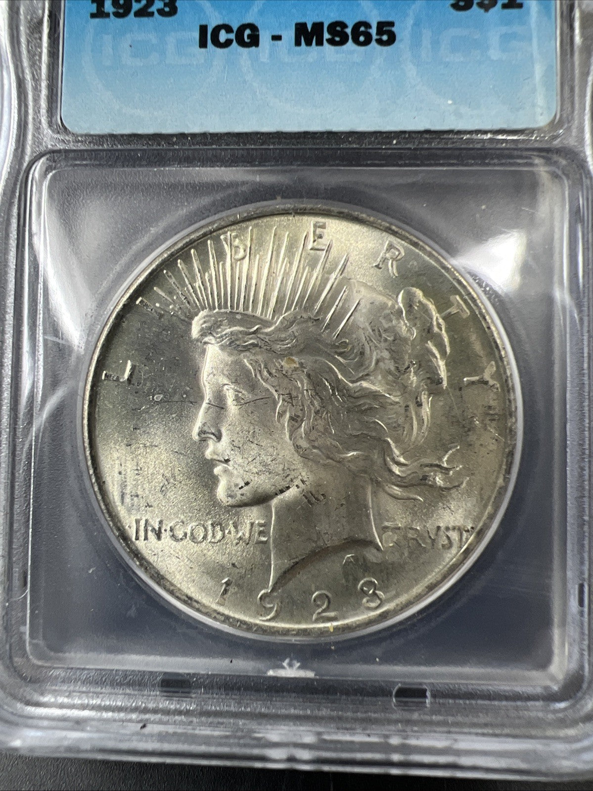 1923 P Peace Silver Eagle Dollar Coin ICG MS65 Gem BU ICG certified