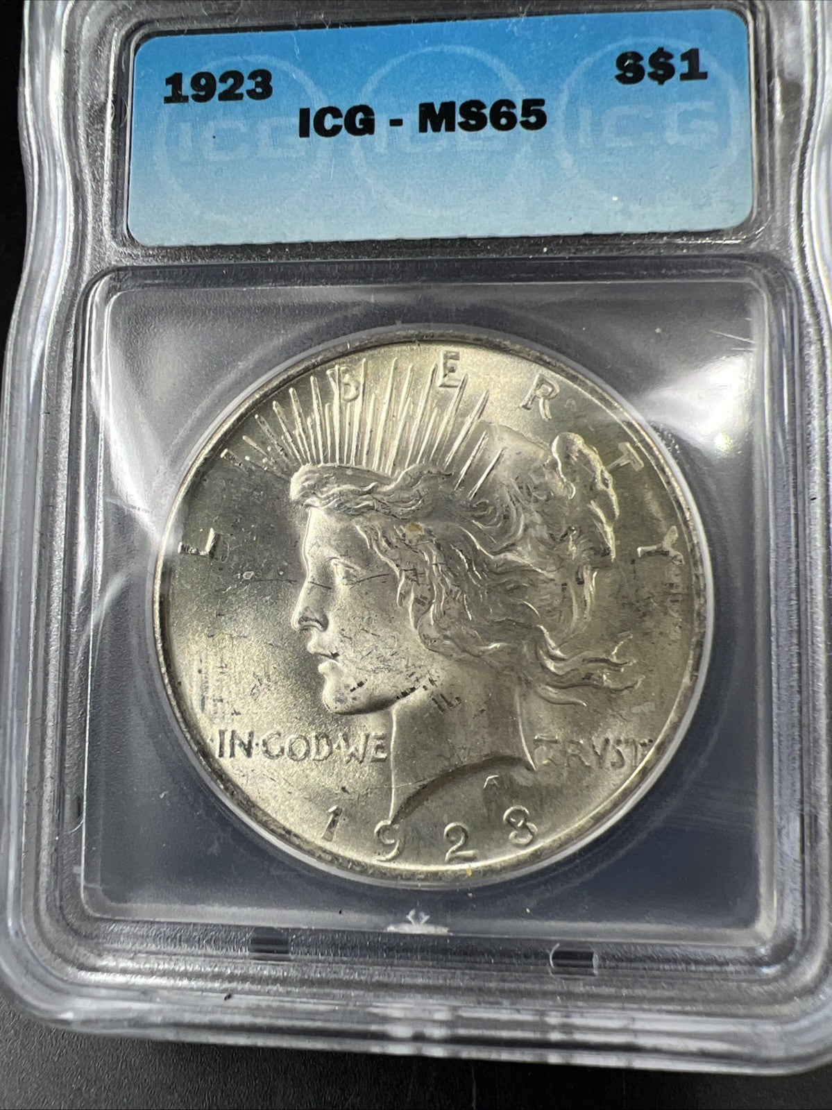 1923 P Peace Silver Eagle Dollar Coin ICG MS65 Gem BU ICG certified