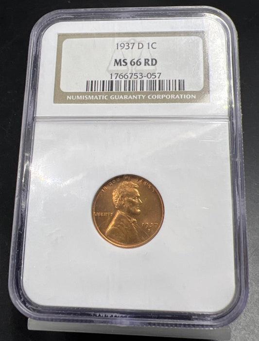 1937 D 1c Lincoln Wheat Cent Coin MS66 RD NGC #057 Gem BU UNC Certified