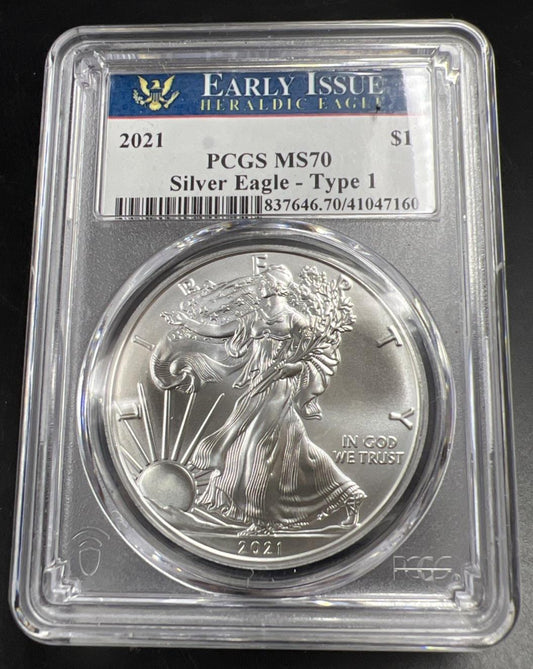 2021 Type 1 American Silver Eagle PCGS MS70 Early Issue Label #160