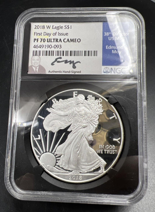 2018 W 1 Oz Proof ASE American Silver Eagle Coin NGC PF70 Moy Holder