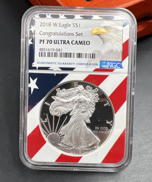 2018 W 1 oz American Silver Eagle Coin $1 NGC PF70 UCAM Congratulations Set USA