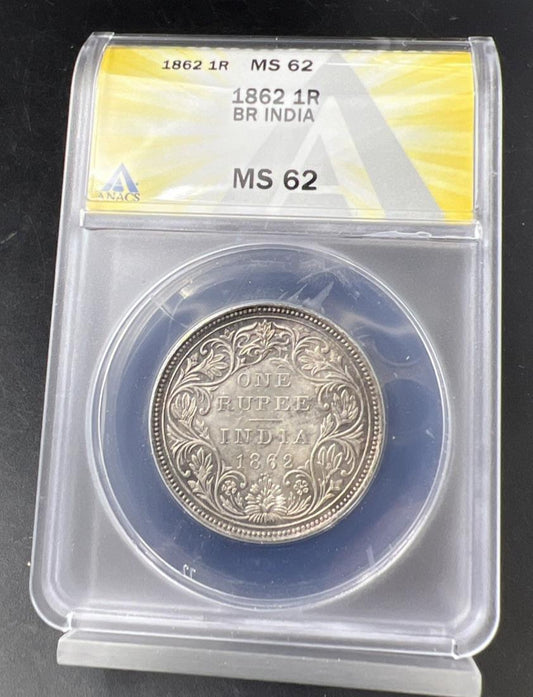 1862 India One Rupee 1R Silver Coin BU UNC ANACS MS62 0/3 Dot Variety