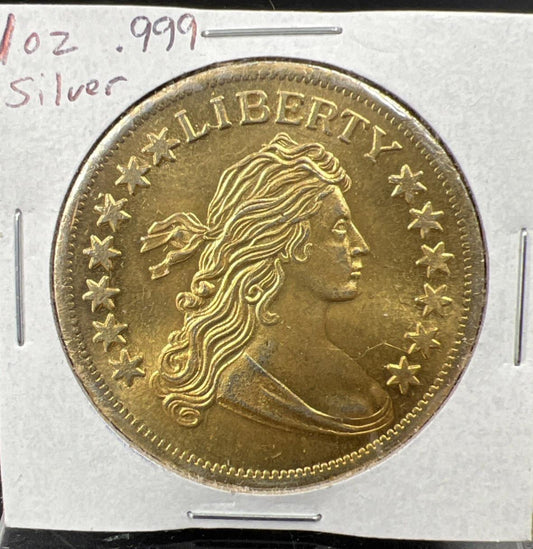 1 Oz Silver .999 Flowing Hair Liberty Round Coin BU UNC Neat Toning