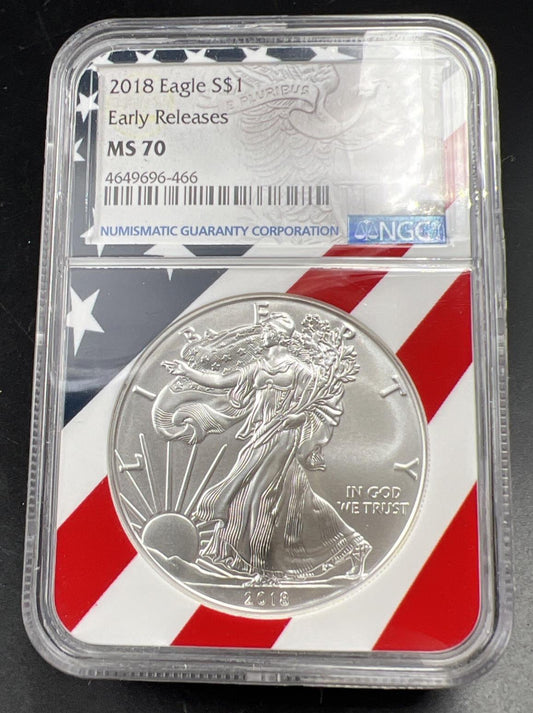 2018 ASE American Silver Eagle Coin NGC MS70 USA Flag Label #466