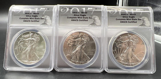 3 Coin 2017 W S P ASE Mint Mark Set 1 oz American Silver Eagle Coin ANACS MS69 B