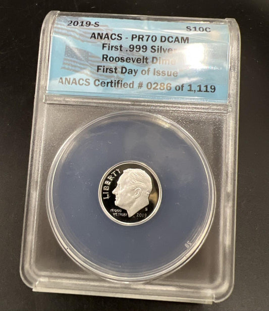 2019 S 10c Roosevelt Proof Silver Dime Coin PR70 DCAM ANACS #0286/1119