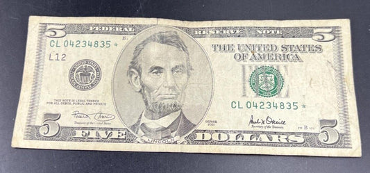 2001 * $5 Five Dollar Star FRN Federal Reserve Note VG Circulated #835