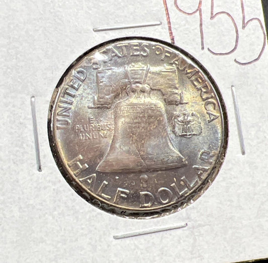 1955 P Franklin Half Dollar Silver Coin CH FBL BU UNC PQ * Nice Toning Toner #F