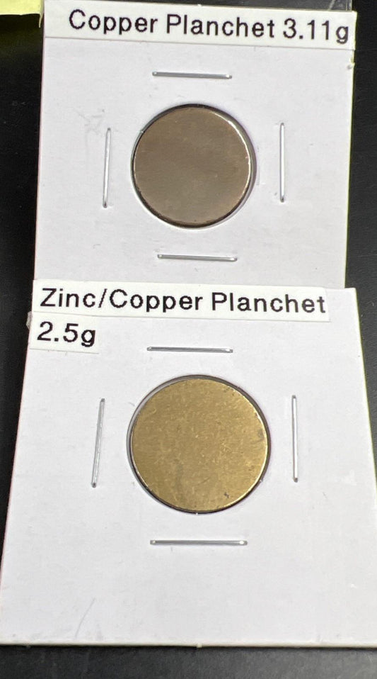 Lot 2 US 1c Blank Planchet Error Coins 3.11 G Copper & 2.5G Copper Plated Zinc