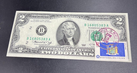 1976 Bicentennial FRN Two Dollar Federal Reserve Note Brooklyn New York VF Circ